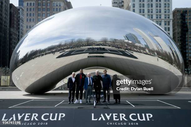 Mayor Rahm Emanuel, Nick Kyrgios of Australia, Rod Laver, John McEnroe, and Roger Federer of Switzerland pose for photos during the Laver Cup 2018...