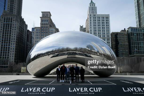Mayor Rahm Emanuel, Nick Kyrgios of Australia, Rod Laver, John McEnroe, and Roger Federer of Switzerland pose for photos during the Laver Cup 2018...