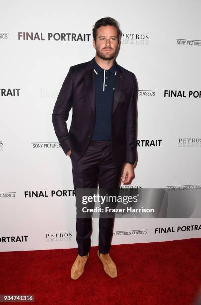 Armie Hammer attends the premiere of Sony Pictures Classics' "Final Portrait" at Pacific Design Center on March 19, 2018 in West Hollywood,...