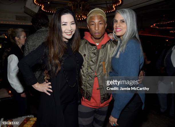 Producers Nina Yang Bongiovi, Pharrell Williams and Mimi Valdes attend a special screening of the Netflix film "Roxanne Roxanne" at the SVA Theater...