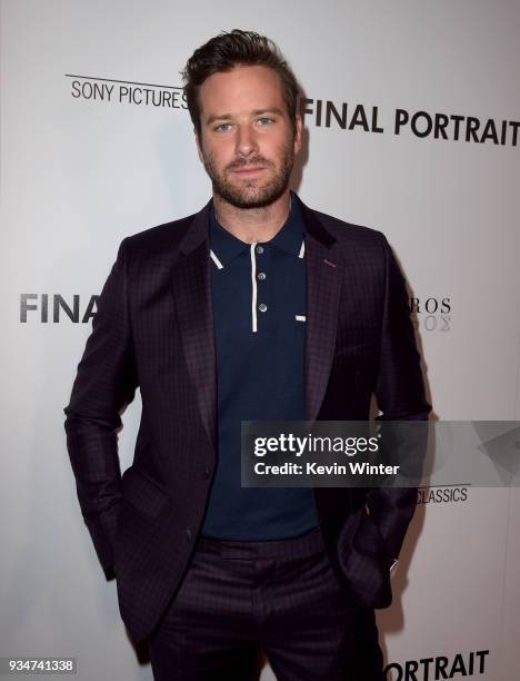 Armie Hammer attends the premiere of Sony Pictures Classics' "Final Portrait" at Pacific Design Center on March 19, 2018 in West Hollywood,...