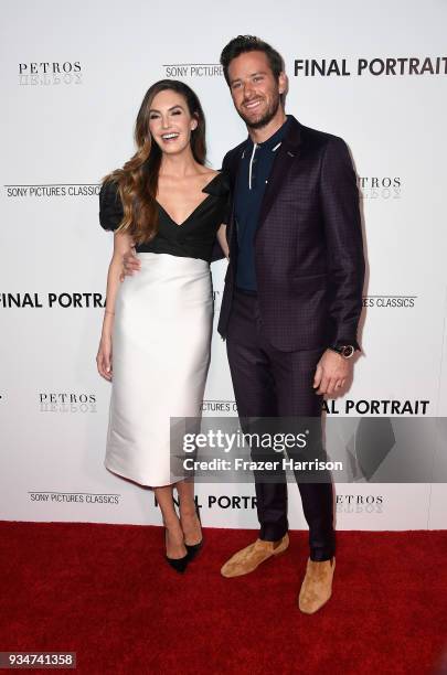 Elizabeth Chambers and Armie Hammer attend the premiere of Sony Pictures Classics' "Final Portrait" at Pacific Design Center on March 19, 2018 in...