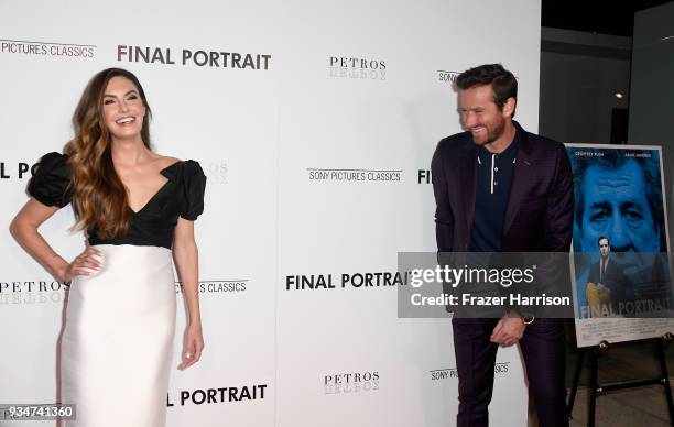 Elizabeth Chambers and Armie Hammer attend the premiere of Sony Pictures Classics' "Final Portrait" at Pacific Design Center on March 19, 2018 in...