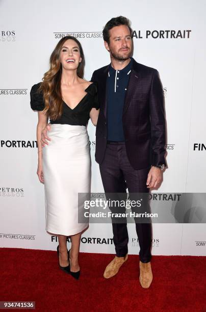 Elizabeth Chambers and Armie Hammer attend the premiere of Sony Pictures Classics' "Final Portrait" at Pacific Design Center on March 19, 2018 in...