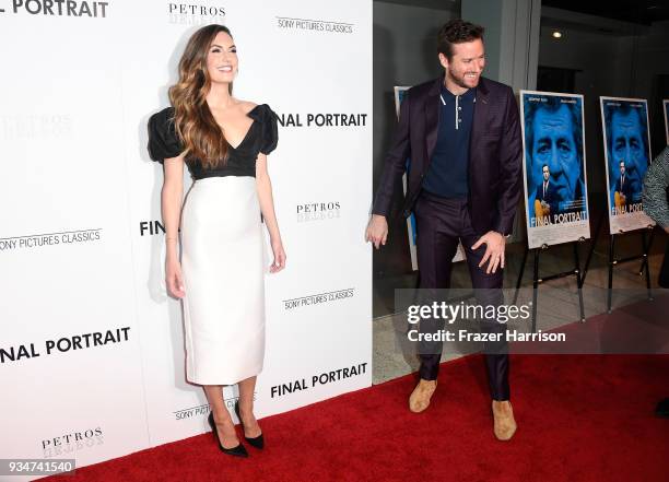 Elizabeth Chambers and Armie Hammer attend the premiere of Sony Pictures Classics' "Final Portrait" at Pacific Design Center on March 19, 2018 in...