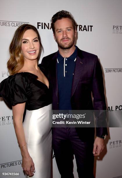 Elizabeth Chambers and Armie Hammer attend the premiere of Sony Pictures Classics' "Final Portrait" at Pacific Design Center on March 19, 2018 in...