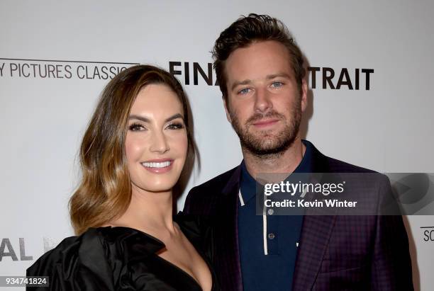 Elizabeth Chambers and Armie Hammer attend the premiere of Sony Pictures Classics' "Final Portrait" at Pacific Design Center on March 19, 2018 in...