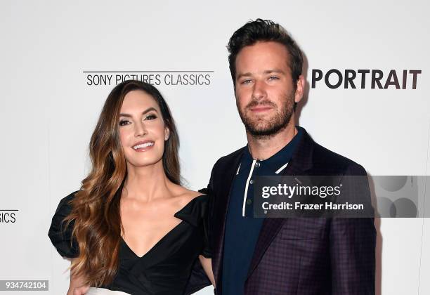 Elizabeth Chambers and Armie Hammer attend the premiere of Sony Pictures Classics' "Final Portrait" at Pacific Design Center on March 19, 2018 in...