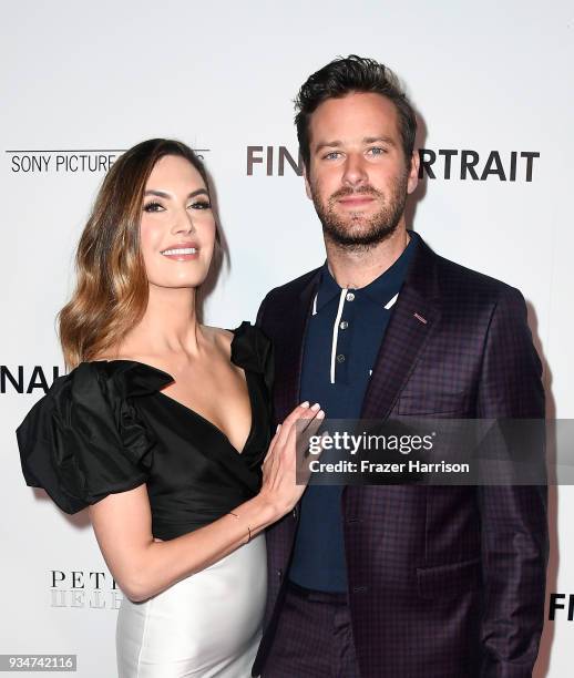 Elizabeth Chambers and Armie Hammer attend the premiere of Sony Pictures Classics' "Final Portrait" at Pacific Design Center on March 19, 2018 in...