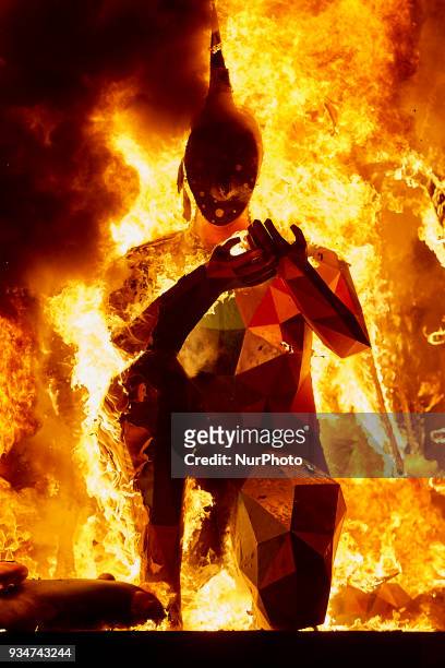 Ninot' burns during the last day of the Las Fallas Festival on March 19, 2018 in Valencia, Spain. The Fallas is Valencias most international...