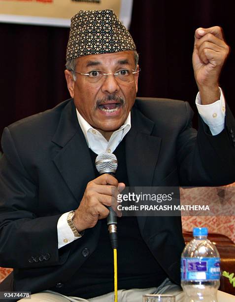 Nepalese Minister for Forests and Soil Conservation Deepak Bohara talks during a press conference in Kathmandu on November 29 to announce a Nepalese...