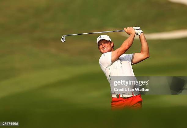 Jamie Donaldson of Wales in action during the Foursome's on the second day of the Omega Mission Hills World Cup on the Olazabal course on November...