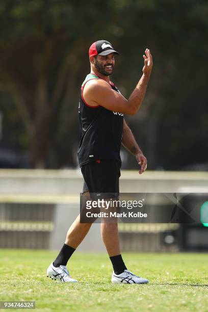 Greg Inglis gestures to a team mate during a South Sydney Rabbitohs NRL Training Session at Redfern Oval on March 20, 2018 in Sydney, Australia.