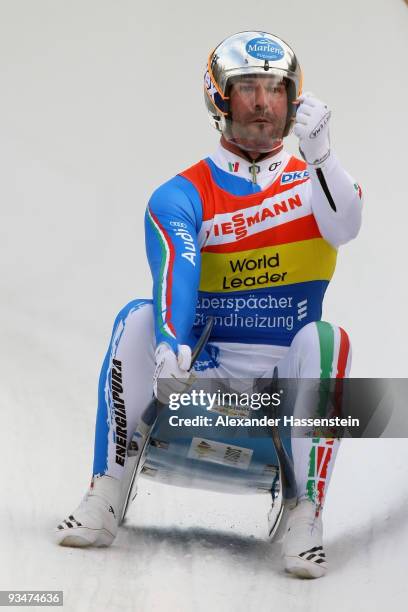 Armin Zoeggeler of Italy celebrates winning the World Cup Men's event during the Viessmann Luge World Cup on November 29, 2009 in Igls, Austria.