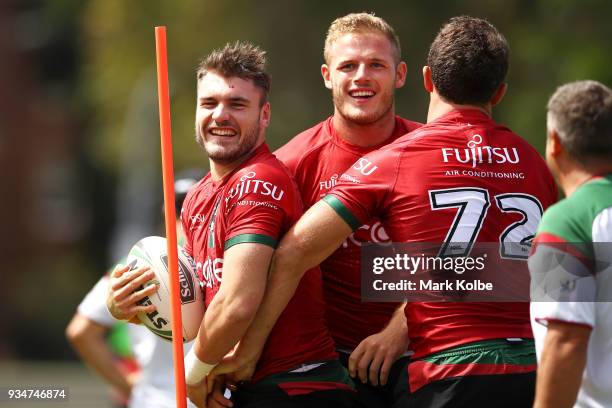 Angus Crichton, Tom Burgess and Sam Burgess share a laugh during a South Sydney Rabbitohs NRL Training Session at Redfern Oval on March 20, 2018 in...