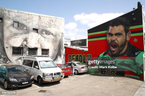 Mural depicting South Sydney NRL player Greg Inglis is seen on the exterior wall of 'Work-Shop', on Cleveland Street, Redfern on March 20, 2018 in...