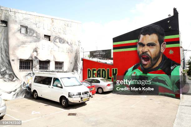 Mural depicting South Sydney NRL player Greg Inglis is seen on the exterior wall of 'Work-Shop', on Cleveland Street, Redfern on March 20, 2018 in...