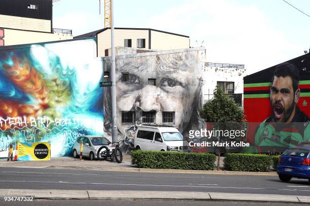 Mural depicting South Sydney NRL player Greg Inglis is seen on the exterior wall of 'Work-Shop', on Cleveland Street, Redfern on March 20, 2018 in...