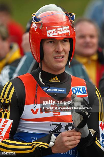 David Moeller of Germany looks on after competing in the World Cup Men's event during the Viessmann Luge World Cup on November 29, 2009 in Igls,...