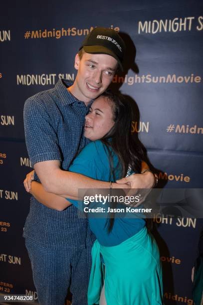 Patrick Schwarzenegger gets a hug from a Best Buddies fan at Midnight Sun Talent Screening Introduction at Regal South Beach on March 19, 2018 in...