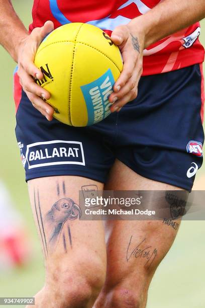 New tattoo work is seen on Tom Liberatore of the Bulldogs during a Western Bulldogs AFL training session at Whitten Oval on March 20, 2018 in...