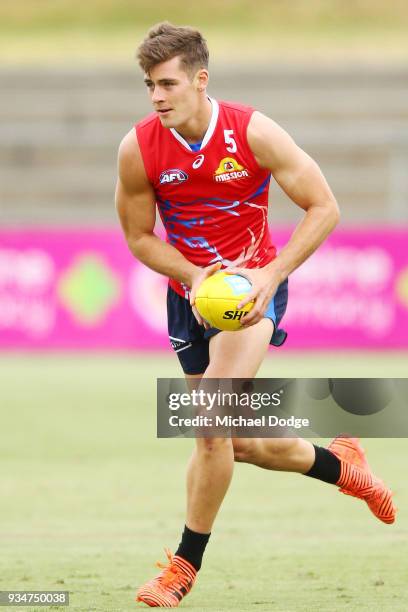 Josh Dunkley of Footscray looks upfield during a Western Bulldogs AFL training session at Whitten Oval on March 20, 2018 in Melbourne, Australia.