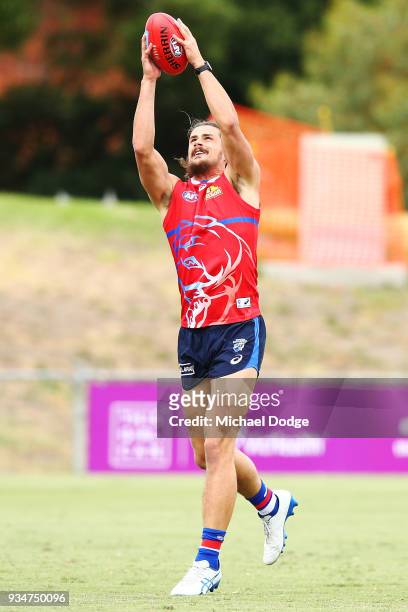 Tom Boyd of Footscray marks the ball during a Western Bulldogs AFL training session at Whitten Oval on March 20, 2018 in Melbourne, Australia.
