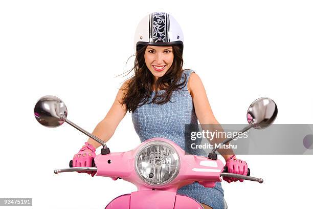 young girl conducir un vespa - women black and white motorcycle fotografías e imágenes de stock