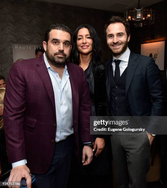 Seth Semilof, Violet Camacho and Phillipe Velascu attend the Haute Living And Louis XIII Celebration of Scott Eastwood At Scarpetta NYC on March 19,...