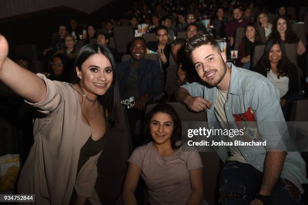 Vivian Fabiola, Guest and William Valdes pose for a selfie with the crowd at Universal Pictures hosts a Los Angeles Special Screening of Pacific Rim...