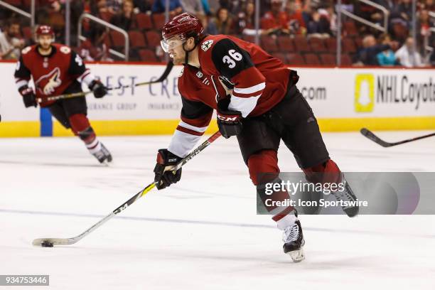 Arizona Coyotes right wing Christian Fischer looks to shoot during the NHL hockey game between the Calgary Flames and the Arizona Coyotes on March...