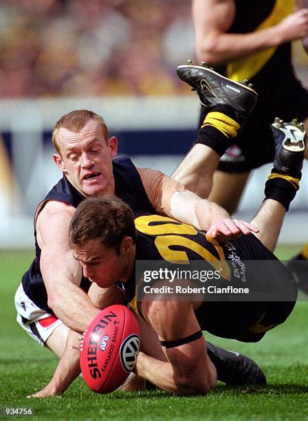 Ray Hall for Richmond and Adrian Hickmott for Carlton compete for the ball during the AFL Semi Final match played between the Richmond Tigers and the...