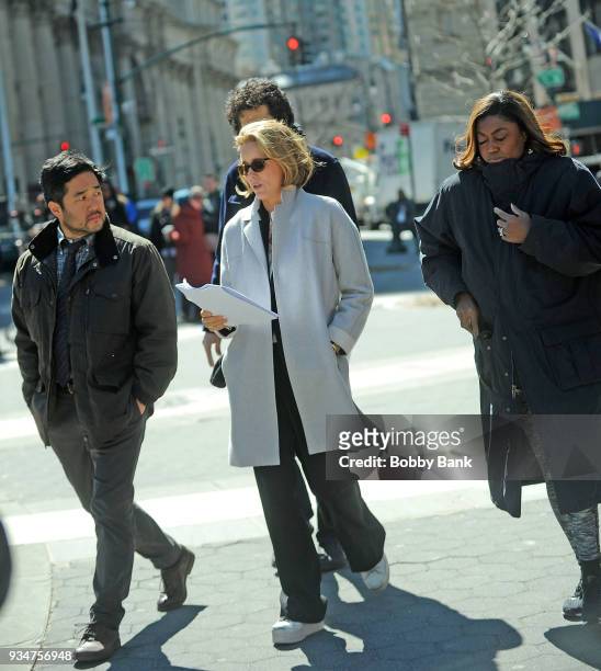 Tea Leoni, Tim Kang,Patina Miller, and Geoffrey Arend on the set of "Madam Secretary" on March 19, 2018 in New York City.