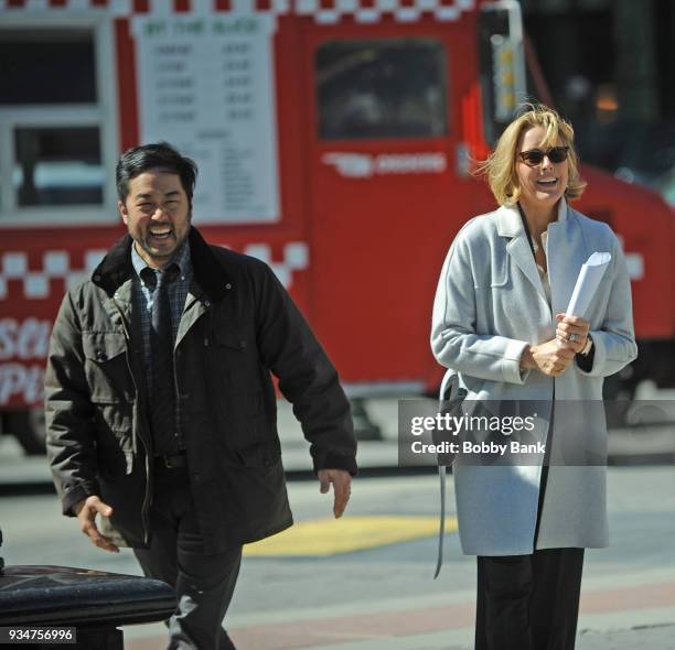 Tea Leoni and Tim Kang on the set of "Madam Secretary" on March 19, 2018 in New York City.