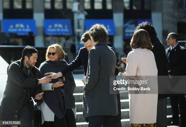 Tea Leoni, Tim Kang,Patina Miller, Erich Bergen. Sebastian Arcelus and Geoffrey Arend on the set of "Madam Secretary" on March 19, 2018 in New York...