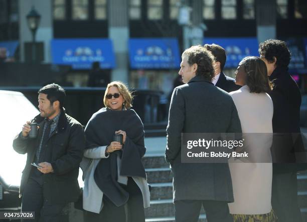 Tea Leoni, Tim Kang,Patina Miller, Erich Bergen. Sebastian Arcelus and Geoffrey Arend on the set of "Madam Secretary" on March 19, 2018 in New York...