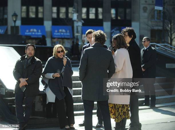 Tea Leoni, Tim Kang,Patina Miller, Erich Bergen. Sebastian Arcelus and Geoffrey Arend on the set of "Madam Secretary" on March 19, 2018 in New York...