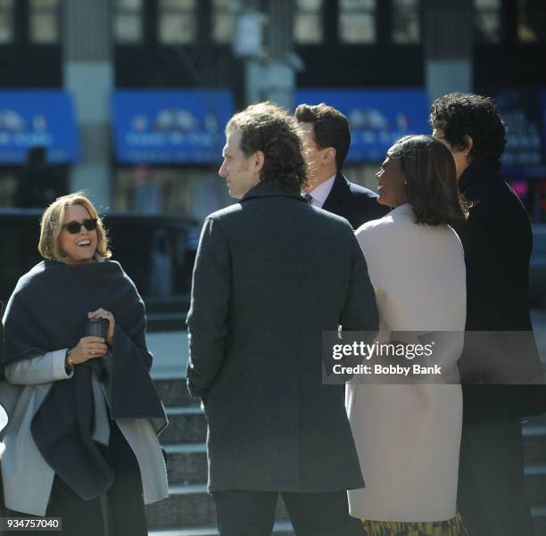 Tea Leoni, Patina Miller, Erich Bergen. Sebastian Arcelus and Geoffrey Arend on the set of "Madam Secretary" on March 19, 2018 in New York City.