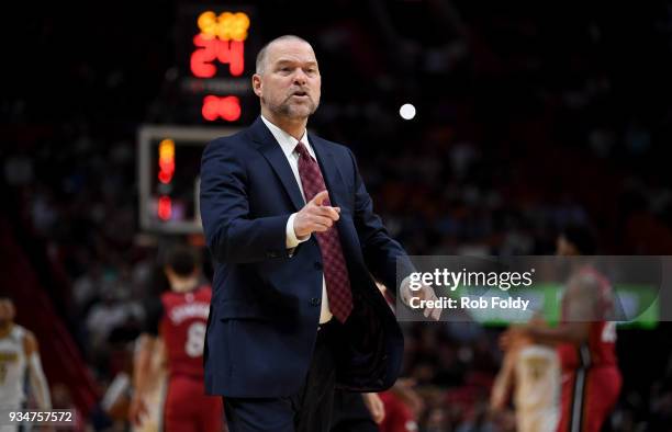 Michael Malone of the Denver Nuggets during the first half of the game against the Miami Heat at American Airlines Arena on March 19, 2018 in Miami,...