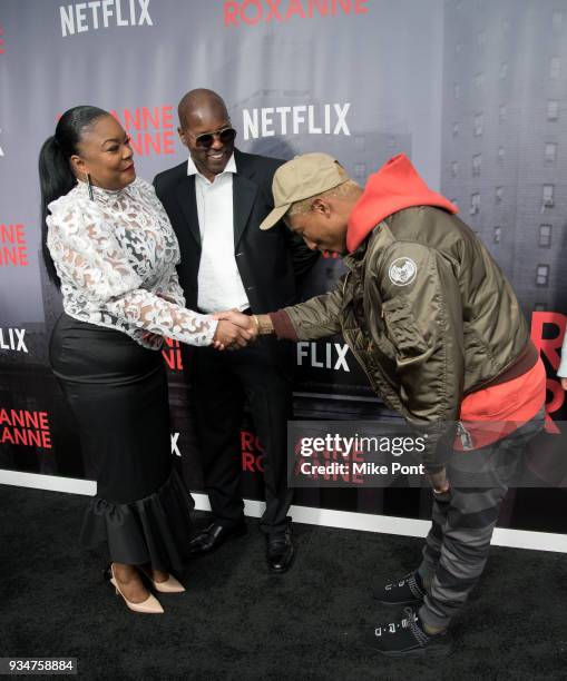 Roxanne Shante and Pharrell Williams attend the "Roxanne Roxanne" New York Premiere at SVA Theater on March 19, 2018 in New York City.