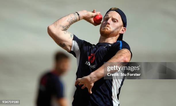 England bowler Ben Stokes in action during England nets at Eden Park on March 20, 2018 in Auckland, New Zealand.