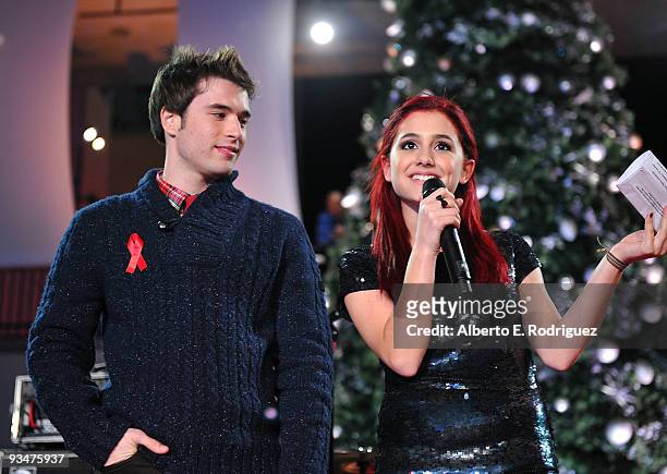 Actor Paul McGill and singer Ariana Grande speak at Hollywood & Highland Center and One Heartland's "Holiday of Hope" tree lighting celebration on...