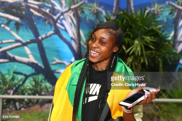 Elaine Thompson of the Jamaican 2018 Commonwealth Games team arrives at the Gold Coast Airport on March 20, 2018 in Gold Coast, Australia.