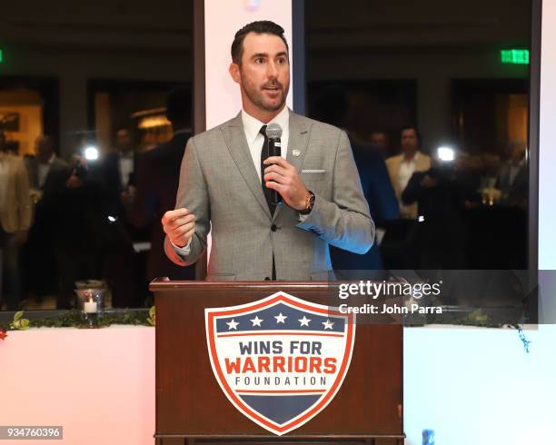 Justin Verlander speaks during the Kate Upton & Justin Verlander "Uncork For A Cause" To Benefit Wins For Warriors Foundation at Old Marsh Golf Club...