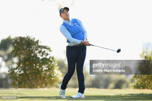 Naruha Miyata of Japan watches her tee shot on the 5th hole during the second round of the T-Point Ladies Golf Tournament at the Ibaraki Kokusai Golf...