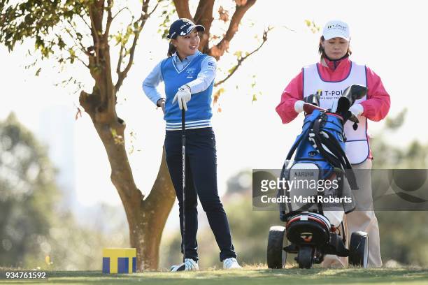Naruha Miyata of Japan looks on during the second round of the T-Point Ladies Golf Tournament at the Ibaraki Kokusai Golf Club on March 17, 2018 in...