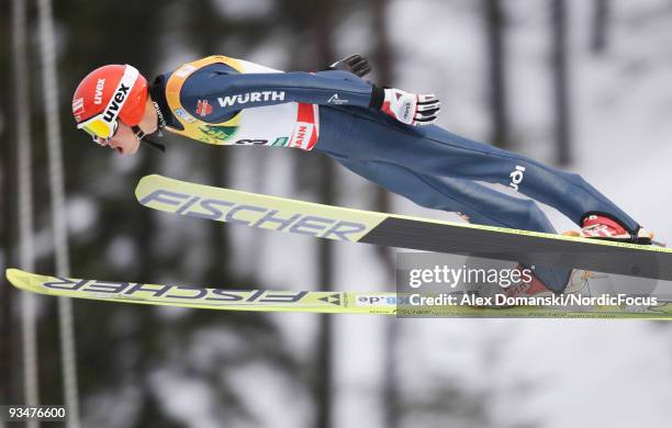 Eric Frenzel of Germany in the Ski Jumping Gundersen event during day two of the FIS Nordic Combined World Cup on November 29, 2009 in Kuusamo,...