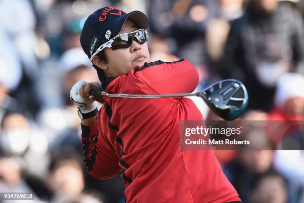 Hee-Kyung Bae of South Korea hits her tee shot on the 1st hole during the second round of the T-Point Ladies Golf Tournament at the Ibaraki Kokusai...