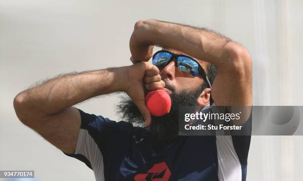 England bower Moeen Ali in action during England nets at Eden Park on March 20, 2018 in Auckland, New Zealand.