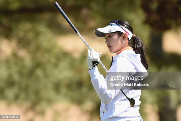 Momoka Miura of Japan looks on during the second round of the T-Point Ladies Golf Tournament at the Ibaraki Kokusai Golf Club on March 17, 2018 in...